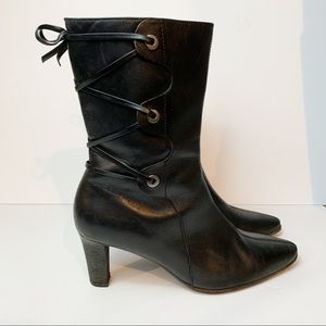 Rockport Leather Lace Up Back Black Heeled Boot Pointed Toe